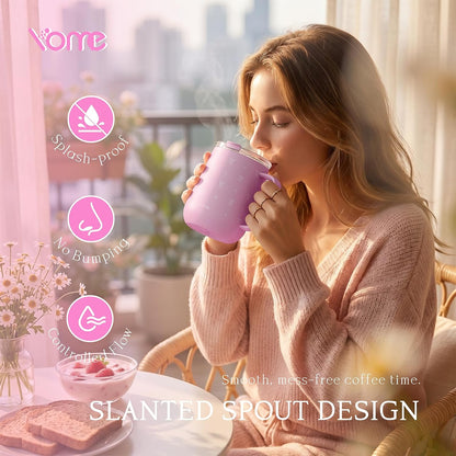 YOME 10oz Elegant Bow Pink Insulated Coffee Mug with Handle for Women | Ceramic Lined Coffee Mug with Splash-Resistant Lid| Pure Taste Stainless Steel Coffee Cup | Easy to Clean | Keeps Drinks Cold