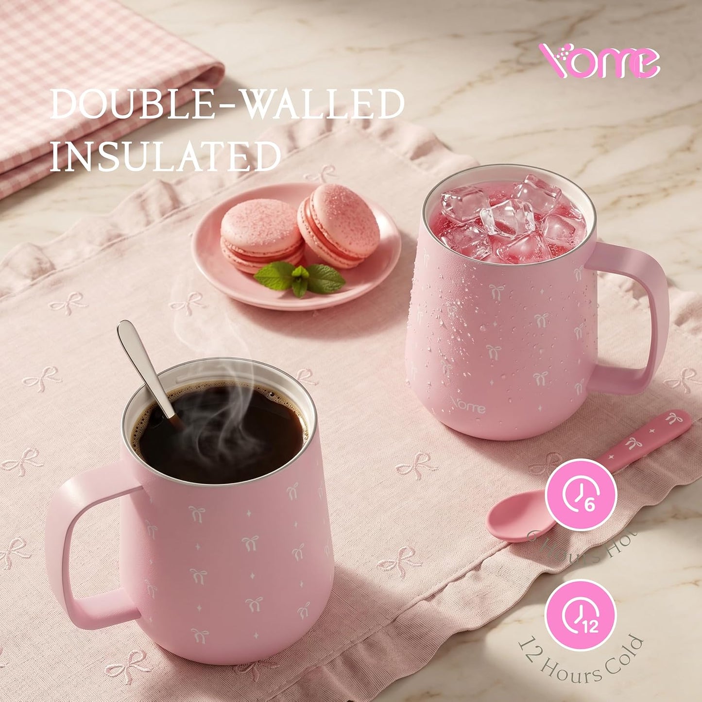 YOME 10oz Elegant Bow Pink Insulated Coffee Mug with Handle for Women | Ceramic Lined Coffee Mug with Splash-Resistant Lid| Pure Taste Stainless Steel Coffee Cup | Easy to Clean | Keeps Drinks Cold