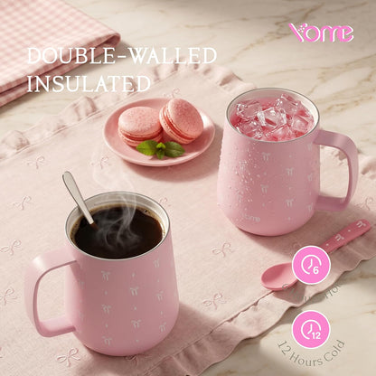 YOME 10oz Elegant Bow Pink Insulated Coffee Mug with Handle for Women | Ceramic Lined Coffee Mug with Splash-Resistant Lid| Pure Taste Stainless Steel Coffee Cup | Easy to Clean | Keeps Drinks Cold