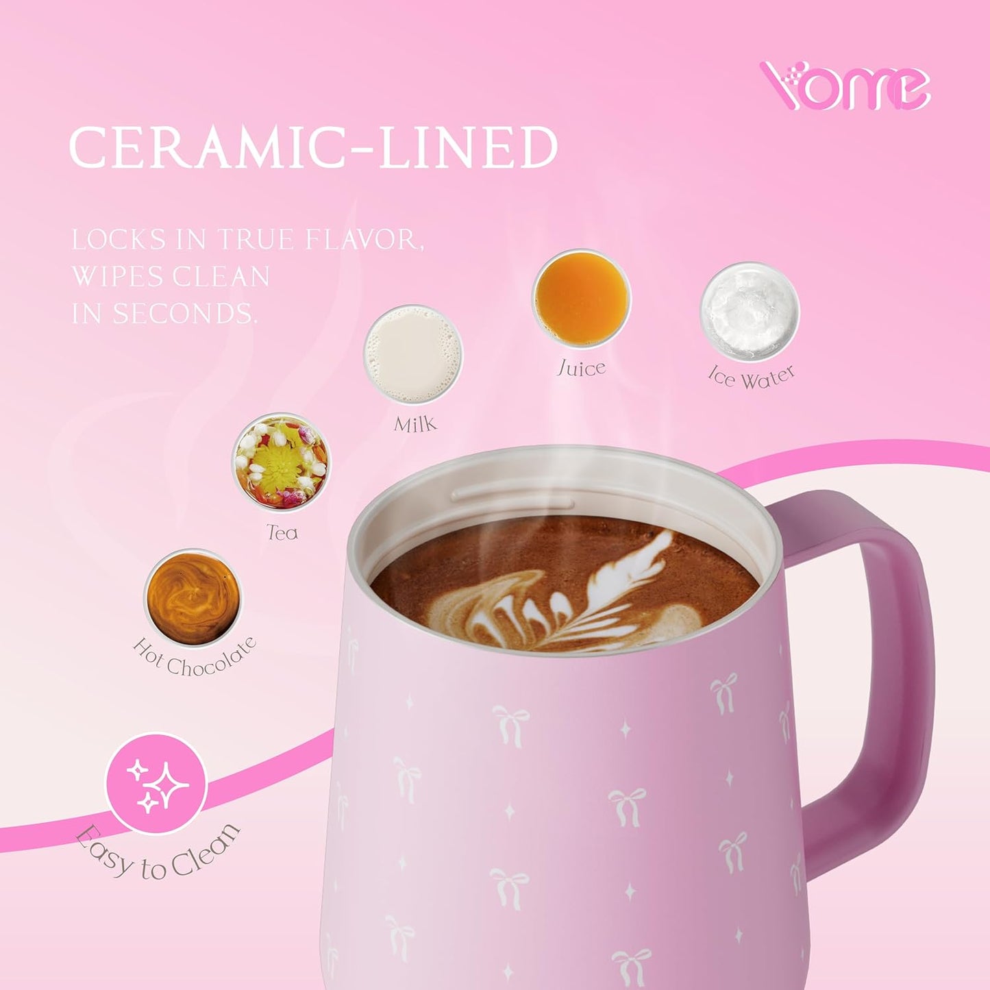 YOME 10oz Elegant Bow Pink Insulated Coffee Mug with Handle for Women | Ceramic Lined Coffee Mug with Splash-Resistant Lid| Pure Taste Stainless Steel Coffee Cup | Easy to Clean | Keeps Drinks Cold