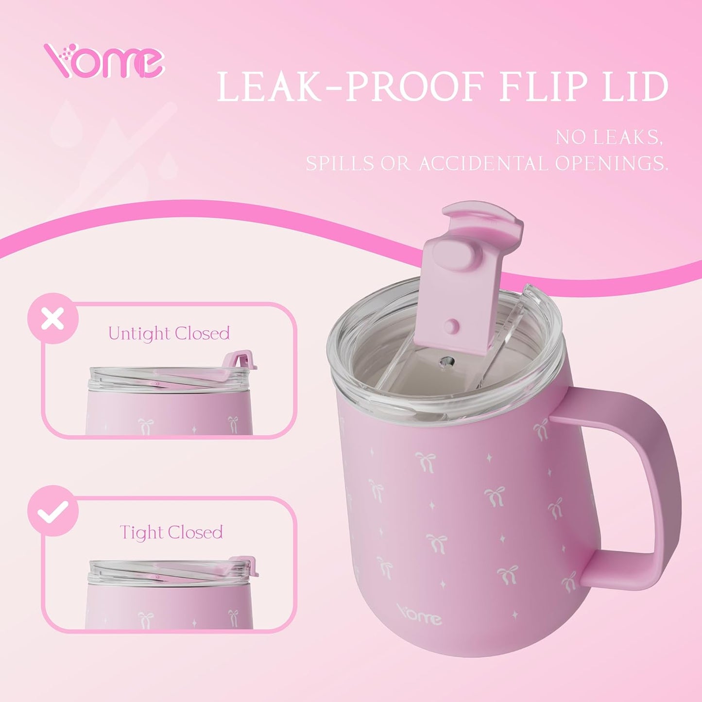 YOME 10oz Elegant Bow Pink Insulated Coffee Mug with Handle for Women | Ceramic Lined Coffee Mug with Splash-Resistant Lid| Pure Taste Stainless Steel Coffee Cup | Easy to Clean | Keeps Drinks Cold