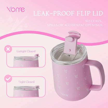 YOME 10oz Elegant Bow Pink Insulated Coffee Mug with Handle for Women | Ceramic Lined Coffee Mug with Splash-Resistant Lid| Pure Taste Stainless Steel Coffee Cup | Easy to Clean | Keeps Drinks Cold