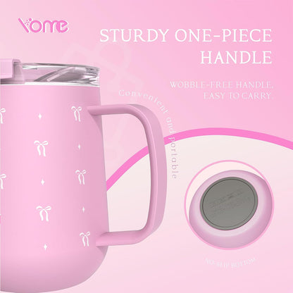 YOME 10oz Elegant Bow Pink Insulated Coffee Mug with Handle for Women | Ceramic Lined Coffee Mug with Splash-Resistant Lid| Pure Taste Stainless Steel Coffee Cup | Easy to Clean | Keeps Drinks Cold