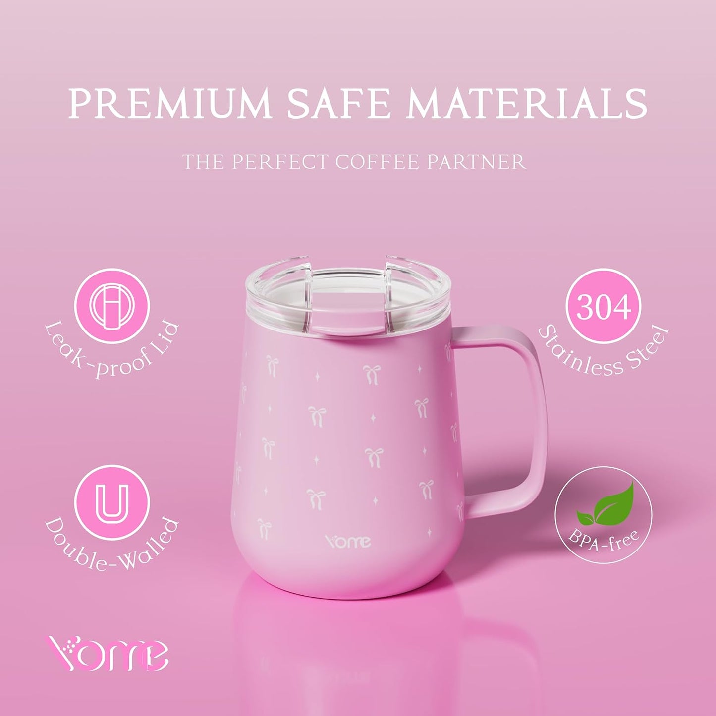 YOME 10oz Elegant Bow Pink Insulated Coffee Mug with Handle for Women | Ceramic Lined Coffee Mug with Splash-Resistant Lid| Pure Taste Stainless Steel Coffee Cup | Easy to Clean | Keeps Drinks Cold
