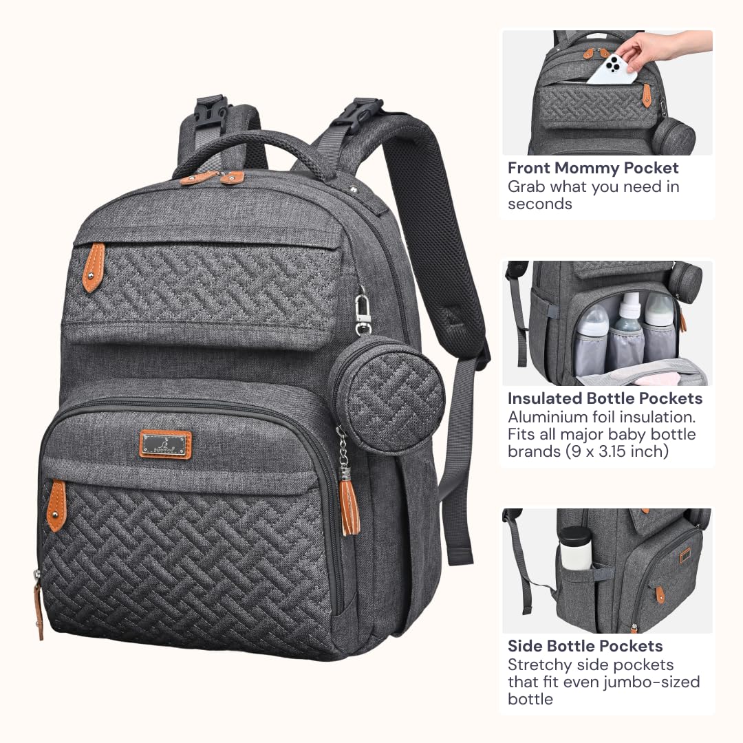 Diaper Bag Backpack - Travel Large Baby Diaper Bag with Changing pad, Waterproof Baby Bags for Mom & Dad, Unisex Bags with Pacifier Case, Luggage Strap & Stroller Clips– Light Gray