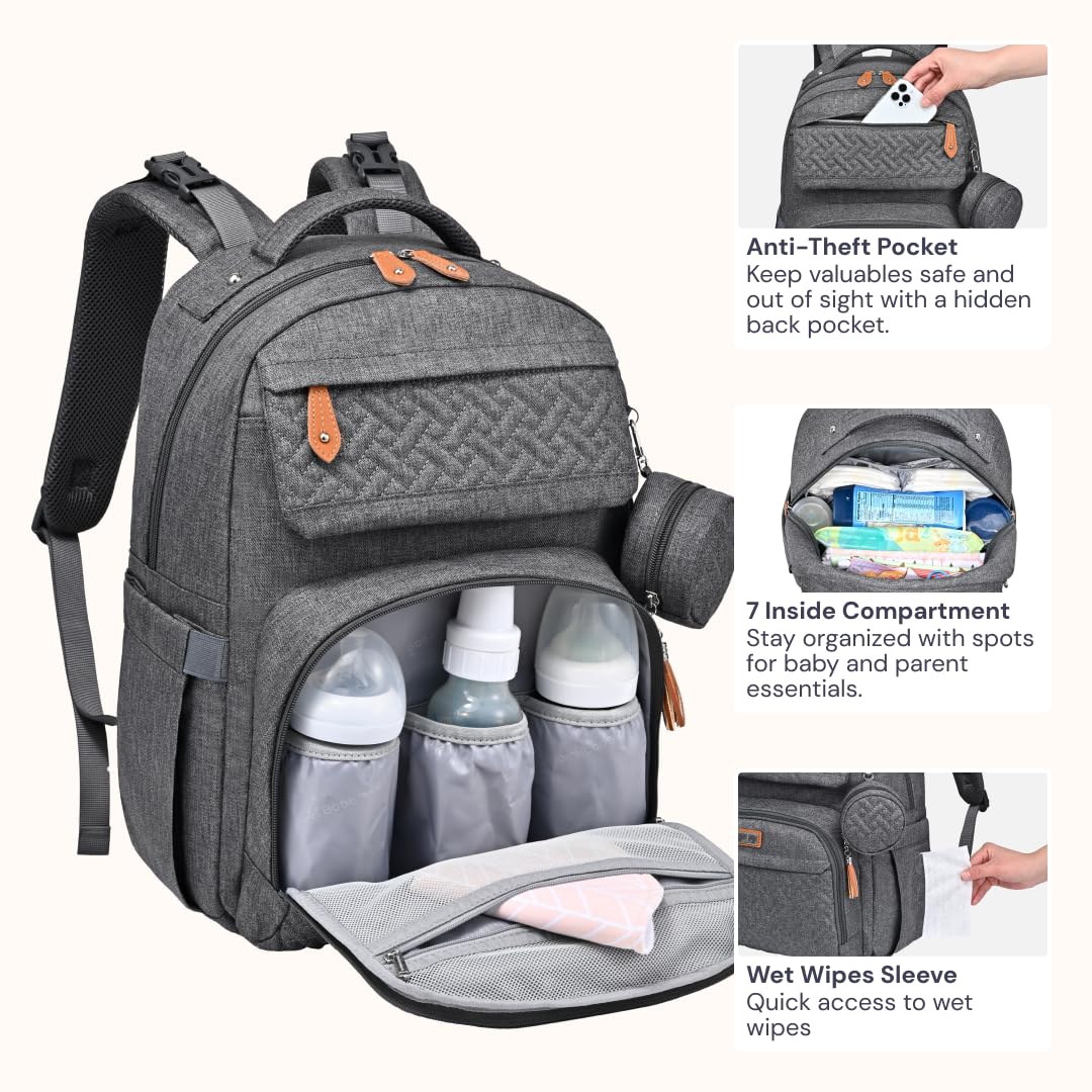Diaper Bag Backpack - Travel Large Baby Diaper Bag with Changing pad, Waterproof Baby Bags for Mom & Dad, Unisex Bags with Pacifier Case, Luggage Strap & Stroller Clips– Light Gray