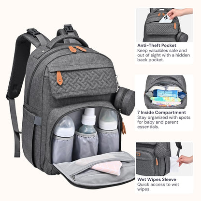 Diaper Bag Backpack - Travel Large Baby Diaper Bag with Changing pad, Waterproof Baby Bags for Mom & Dad, Unisex Bags with Pacifier Case, Luggage Strap & Stroller Clips– Light Gray