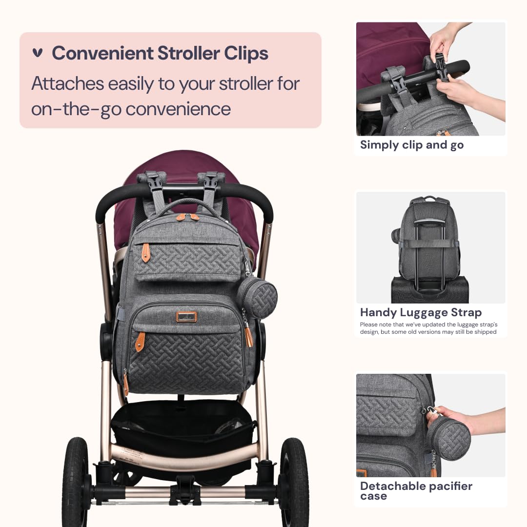 Diaper Bag Backpack - Travel Large Baby Diaper Bag with Changing pad, Waterproof Baby Bags for Mom & Dad, Unisex Bags with Pacifier Case, Luggage Strap & Stroller Clips– Light Gray