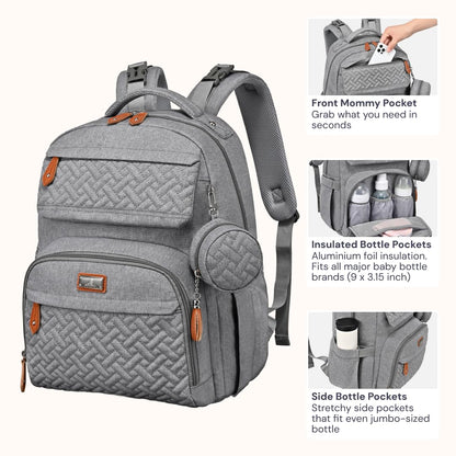 Diaper Bag Backpack - Travel Large Baby Diaper Bag with Changing pad, Waterproof Baby Bags for Mom & Dad, Unisex Bags with Pacifier Case, Luggage Strap & Stroller Clips– Light Gray