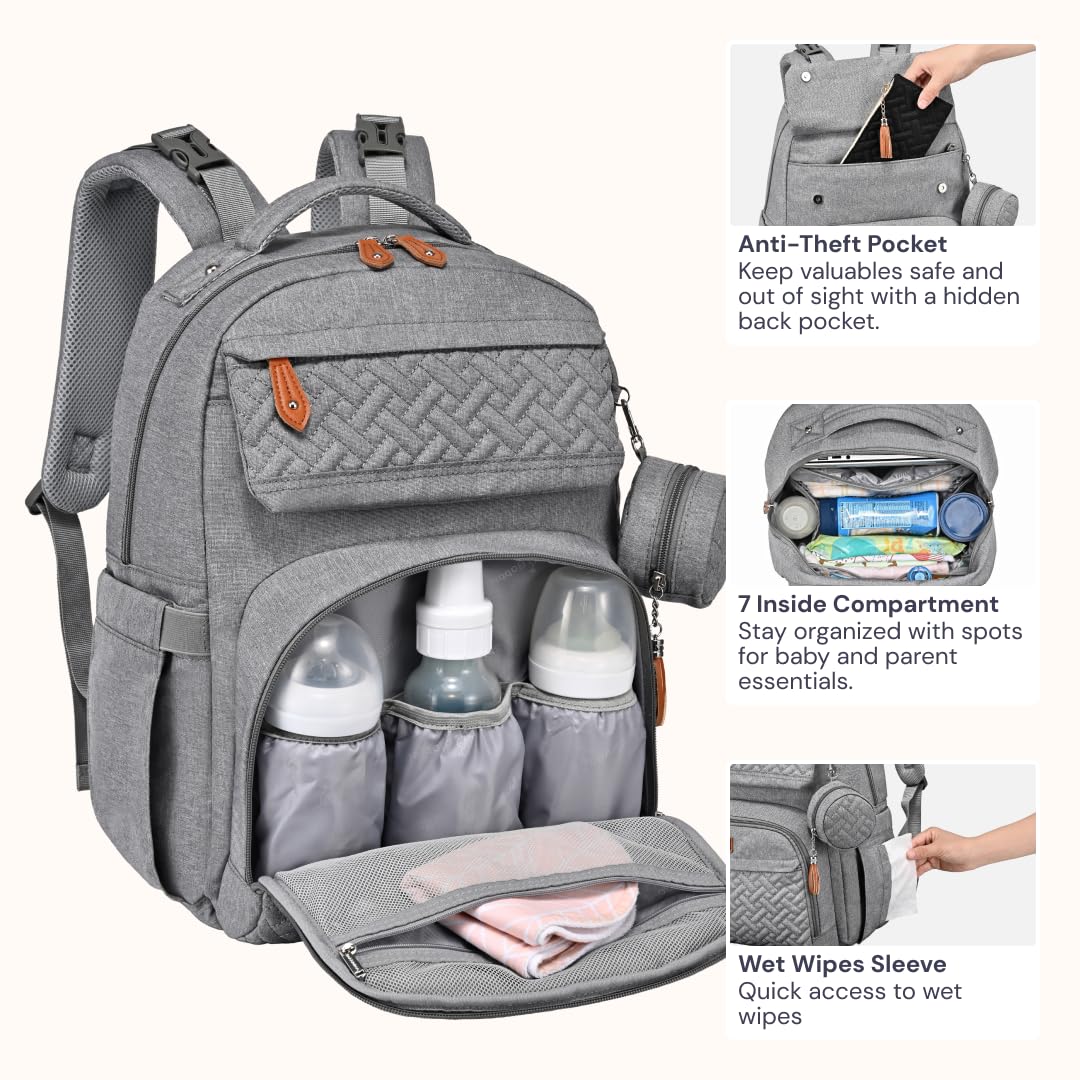 Diaper Bag Backpack - Travel Large Baby Diaper Bag with Changing pad, Waterproof Baby Bags for Mom & Dad, Unisex Bags with Pacifier Case, Luggage Strap & Stroller Clips– Light Gray