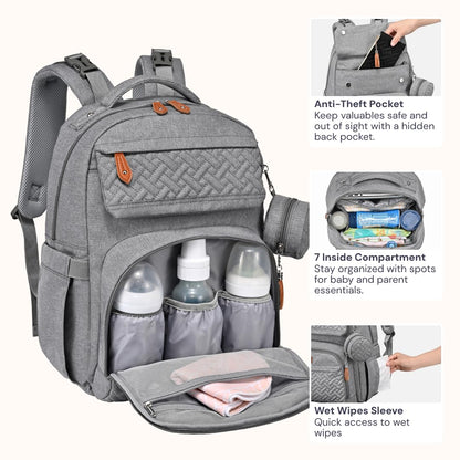 Diaper Bag Backpack - Travel Large Baby Diaper Bag with Changing pad, Waterproof Baby Bags for Mom & Dad, Unisex Bags with Pacifier Case, Luggage Strap & Stroller Clips– Light Gray