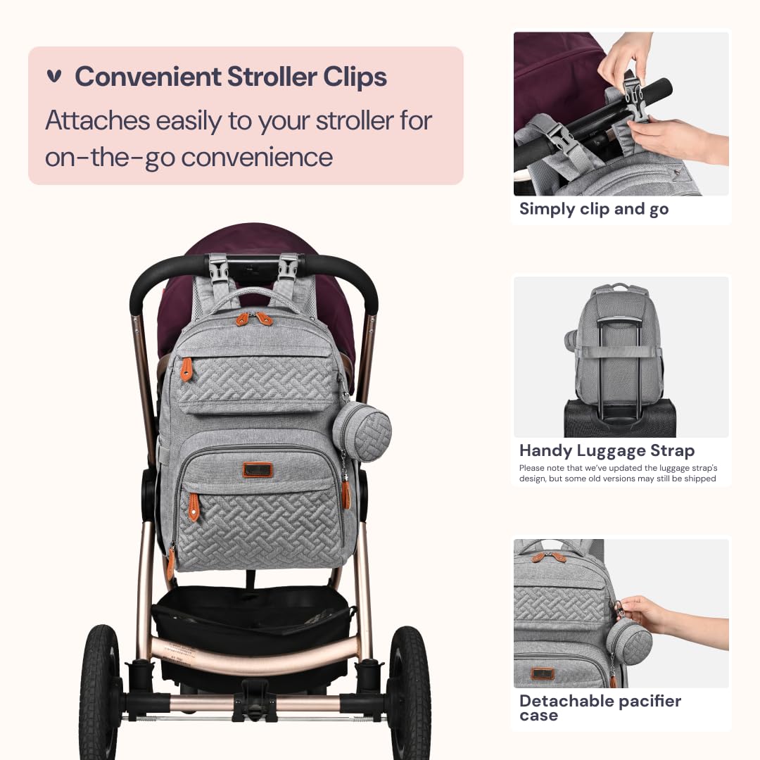 Diaper Bag Backpack - Travel Large Baby Diaper Bag with Changing pad, Waterproof Baby Bags for Mom & Dad, Unisex Bags with Pacifier Case, Luggage Strap & Stroller Clips– Light Gray