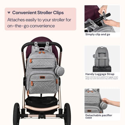 Diaper Bag Backpack - Travel Large Baby Diaper Bag with Changing pad, Waterproof Baby Bags for Mom & Dad, Unisex Bags with Pacifier Case, Luggage Strap & Stroller Clips– Light Gray