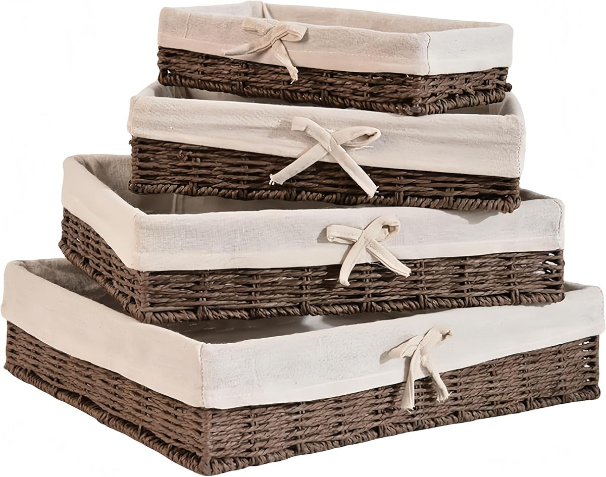 Wicker Storage Baskets Set of 4 with Removable Fabric Liner – Deep Shallow Organizer Bins for Kitchen & Pantry Organization, Dresser, Bathroom Shelf, Closet, Rustic Boho Home Decor Baskets