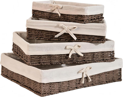 Wicker Storage Baskets Set of 4 with Removable Fabric Liner – Deep Shallow Organizer Bins for Kitchen & Pantry Organization, Dresser, Bathroom Shelf, Closet, Rustic Boho Home Decor Baskets