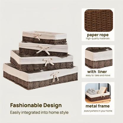 Wicker Storage Baskets Set of 4 with Removable Fabric Liner – Deep Shallow Organizer Bins for Kitchen & Pantry Organization, Dresser, Bathroom Shelf, Closet, Rustic Boho Home Decor Baskets