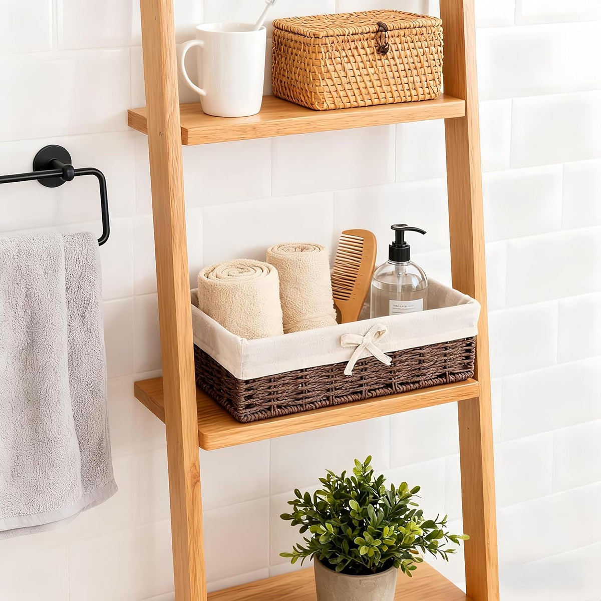 Wicker Storage Baskets Set of 4 with Removable Fabric Liner – Deep Shallow Organizer Bins for Kitchen & Pantry Organization, Dresser, Bathroom Shelf, Closet, Rustic Boho Home Decor Baskets