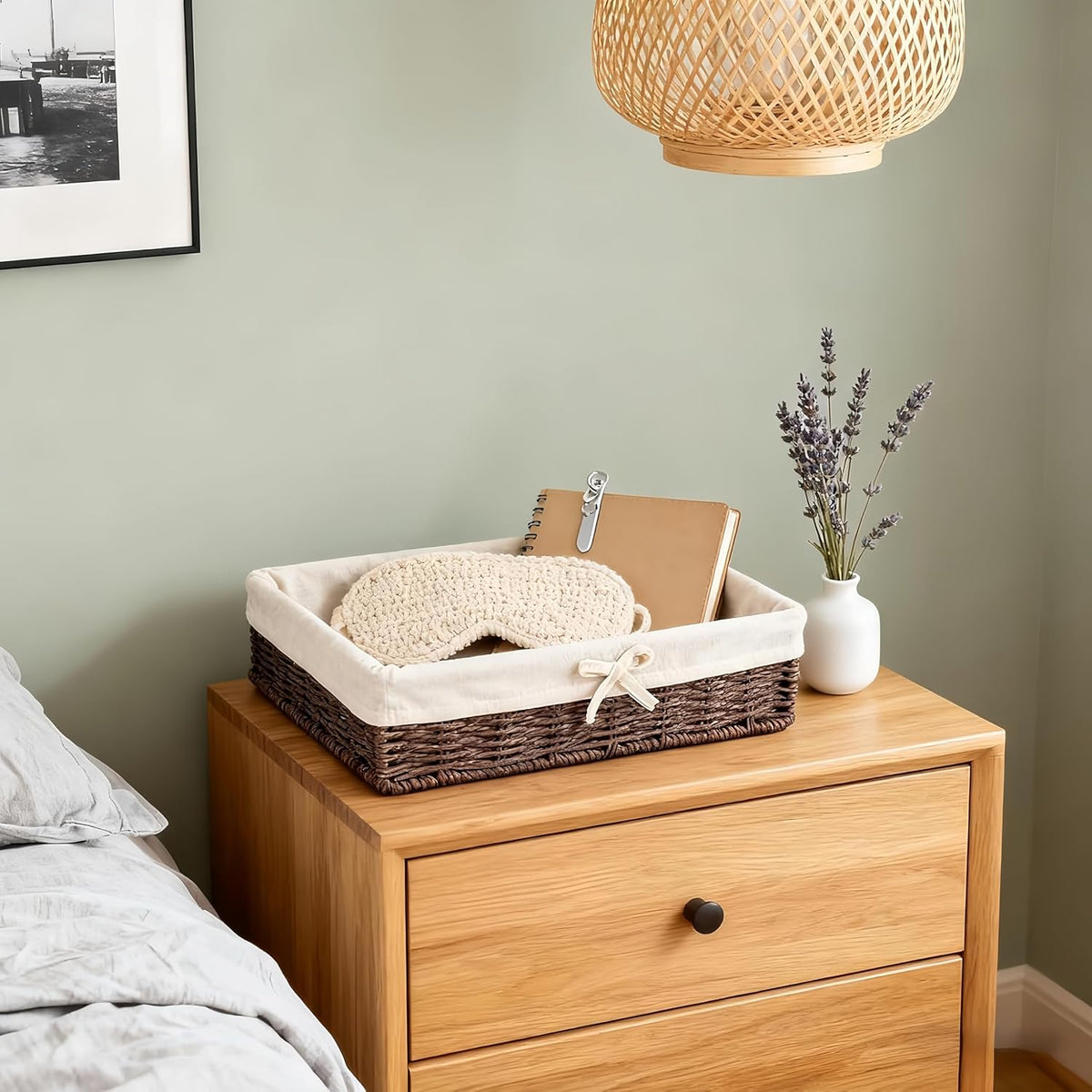 Wicker Storage Baskets Set of 4 with Removable Fabric Liner – Deep Shallow Organizer Bins for Kitchen & Pantry Organization, Dresser, Bathroom Shelf, Closet, Rustic Boho Home Decor Baskets
