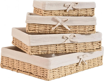 Wicker Storage Baskets Set of 4 with Removable Fabric Liner – Deep Shallow Organizer Bins for Kitchen & Pantry Organization, Dresser, Bathroom Shelf, Closet, Rustic Boho Home Decor Baskets