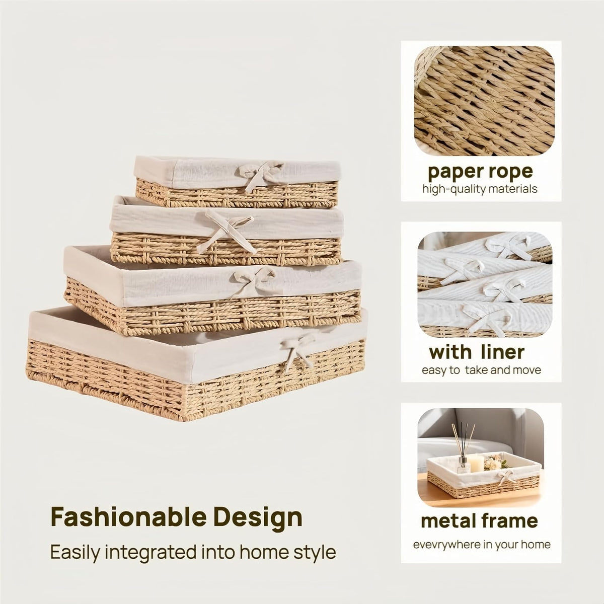 Wicker Storage Baskets Set of 4 with Removable Fabric Liner – Deep Shallow Organizer Bins for Kitchen & Pantry Organization, Dresser, Bathroom Shelf, Closet, Rustic Boho Home Decor Baskets