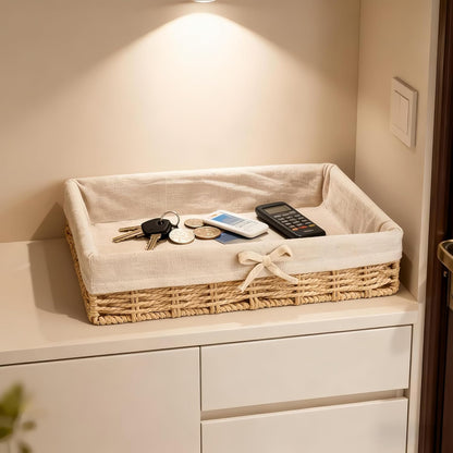 Wicker Storage Baskets Set of 4 with Removable Fabric Liner – Deep Shallow Organizer Bins for Kitchen & Pantry Organization, Dresser, Bathroom Shelf, Closet, Rustic Boho Home Decor Baskets