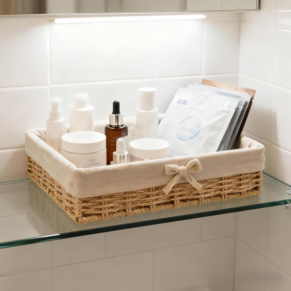 Wicker Storage Baskets Set of 4 with Removable Fabric Liner – Deep Shallow Organizer Bins for Kitchen & Pantry Organization, Dresser, Bathroom Shelf, Closet, Rustic Boho Home Decor Baskets
