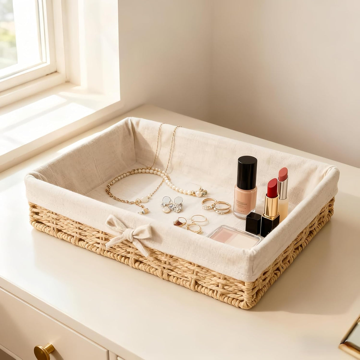 Wicker Storage Baskets Set of 4 with Removable Fabric Liner – Deep Shallow Organizer Bins for Kitchen & Pantry Organization, Dresser, Bathroom Shelf, Closet, Rustic Boho Home Decor Baskets