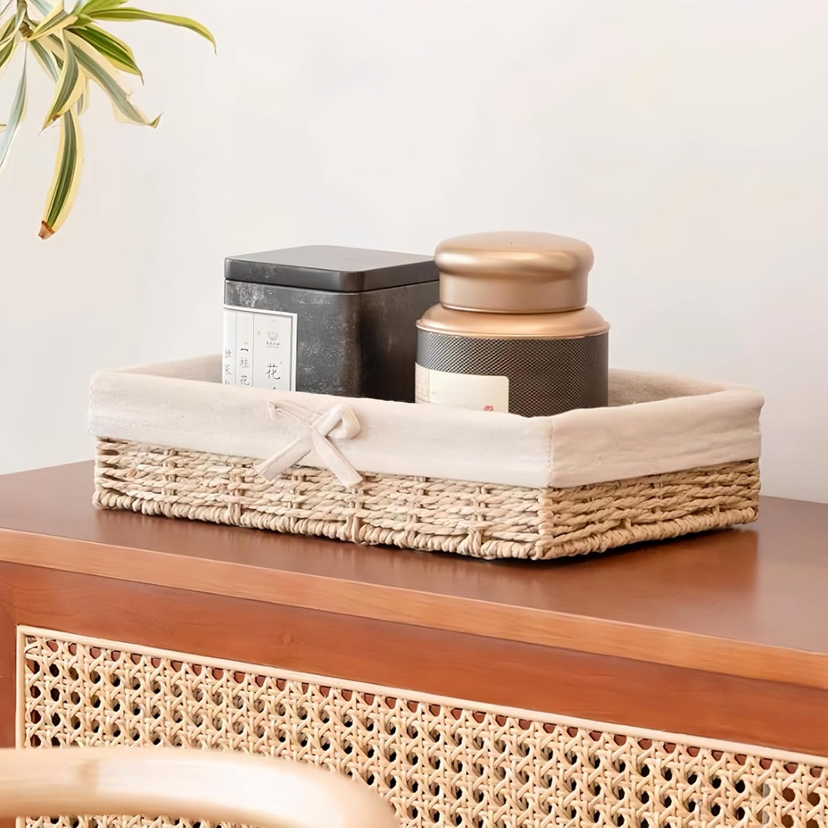 Wicker Storage Baskets Set of 4 with Removable Fabric Liner – Deep Shallow Organizer Bins for Kitchen & Pantry Organization, Dresser, Bathroom Shelf, Closet, Rustic Boho Home Decor Baskets