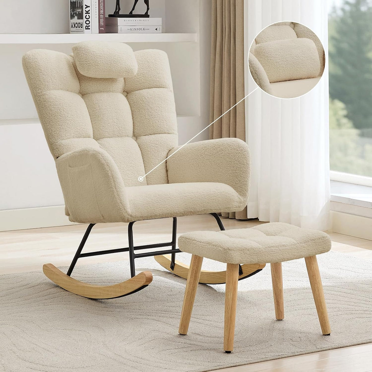 Nursery Rocking Chair with Ottoman, Teddy Upholstered Glider Rocking Chair with High Backrest, Armchair Reading Chair for Adults, Nursery, Bedroom, Living Room, Office, Beige with Ottoman