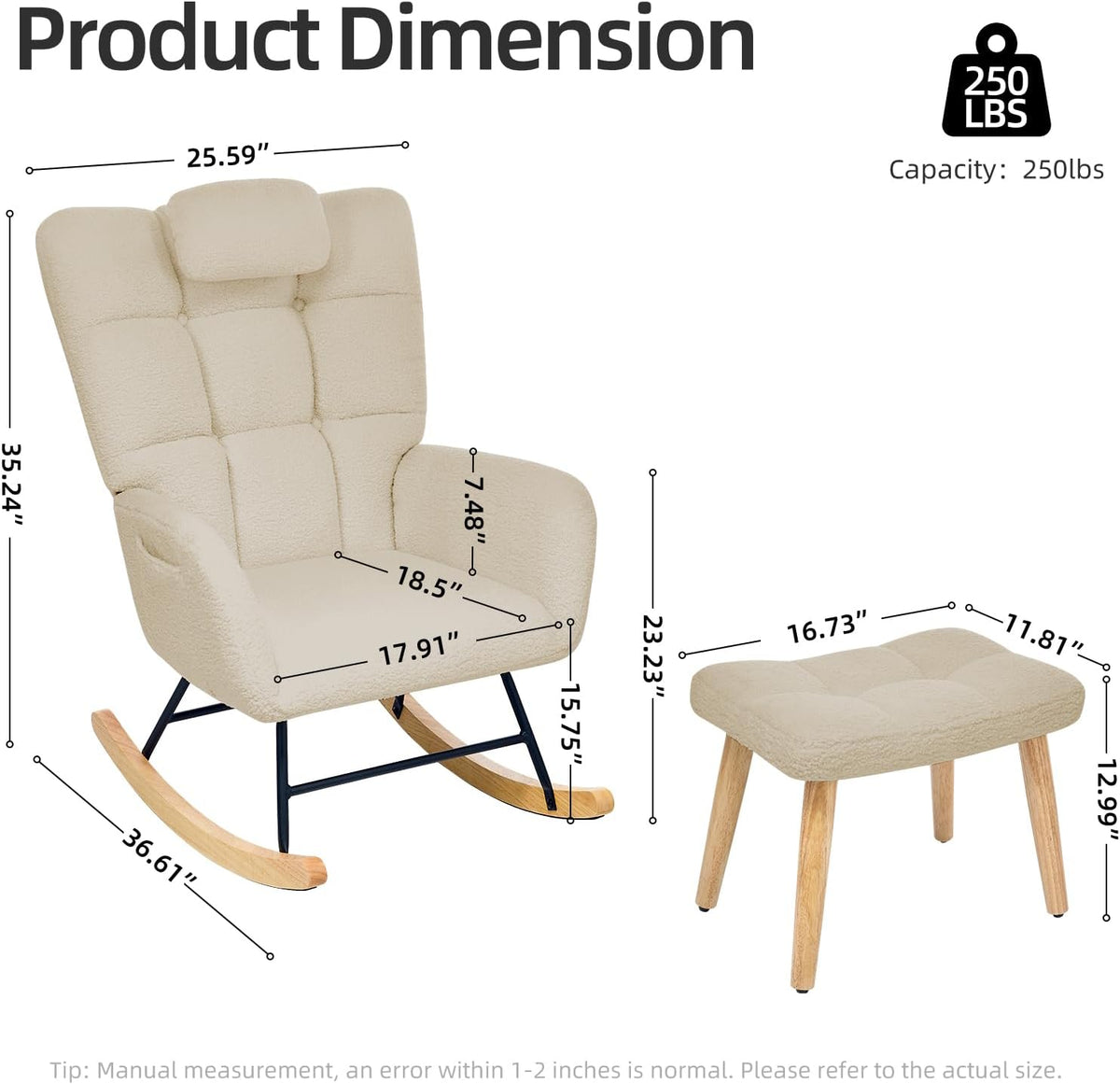 Nursery Rocking Chair with Ottoman, Teddy Upholstered Glider Rocking Chair with High Backrest, Armchair Reading Chair for Adults, Nursery, Bedroom, Living Room, Office, Beige with Ottoman