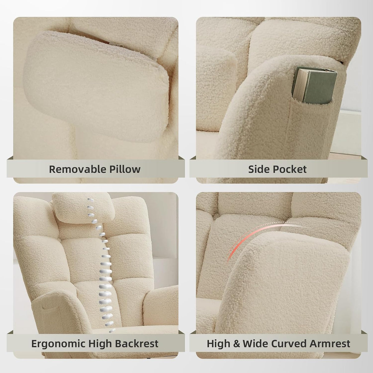 Nursery Rocking Chair with Ottoman, Teddy Upholstered Glider Rocking Chair with High Backrest, Armchair Reading Chair for Adults, Nursery, Bedroom, Living Room, Office, Beige with Ottoman