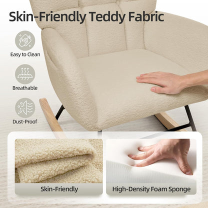 Nursery Rocking Chair with Ottoman, Teddy Upholstered Glider Rocking Chair with High Backrest, Armchair Reading Chair for Adults, Nursery, Bedroom, Living Room, Office, Beige with Ottoman