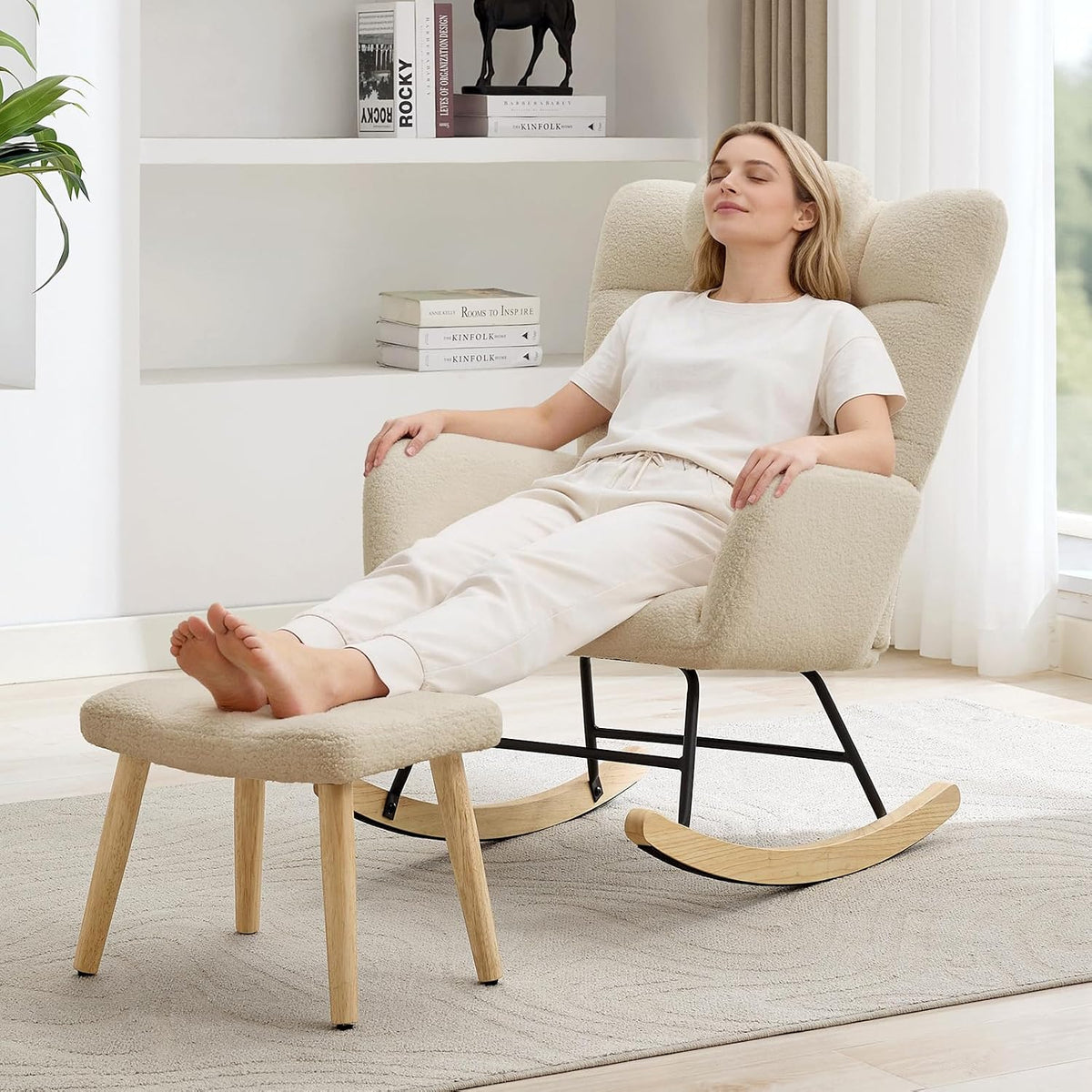 Nursery Rocking Chair with Ottoman, Teddy Upholstered Glider Rocking Chair with High Backrest, Armchair Reading Chair for Adults, Nursery, Bedroom, Living Room, Office, Beige with Ottoman