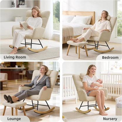 Nursery Rocking Chair with Ottoman, Teddy Upholstered Glider Rocking Chair with High Backrest, Armchair Reading Chair for Adults, Nursery, Bedroom, Living Room, Office, Beige with Ottoman
