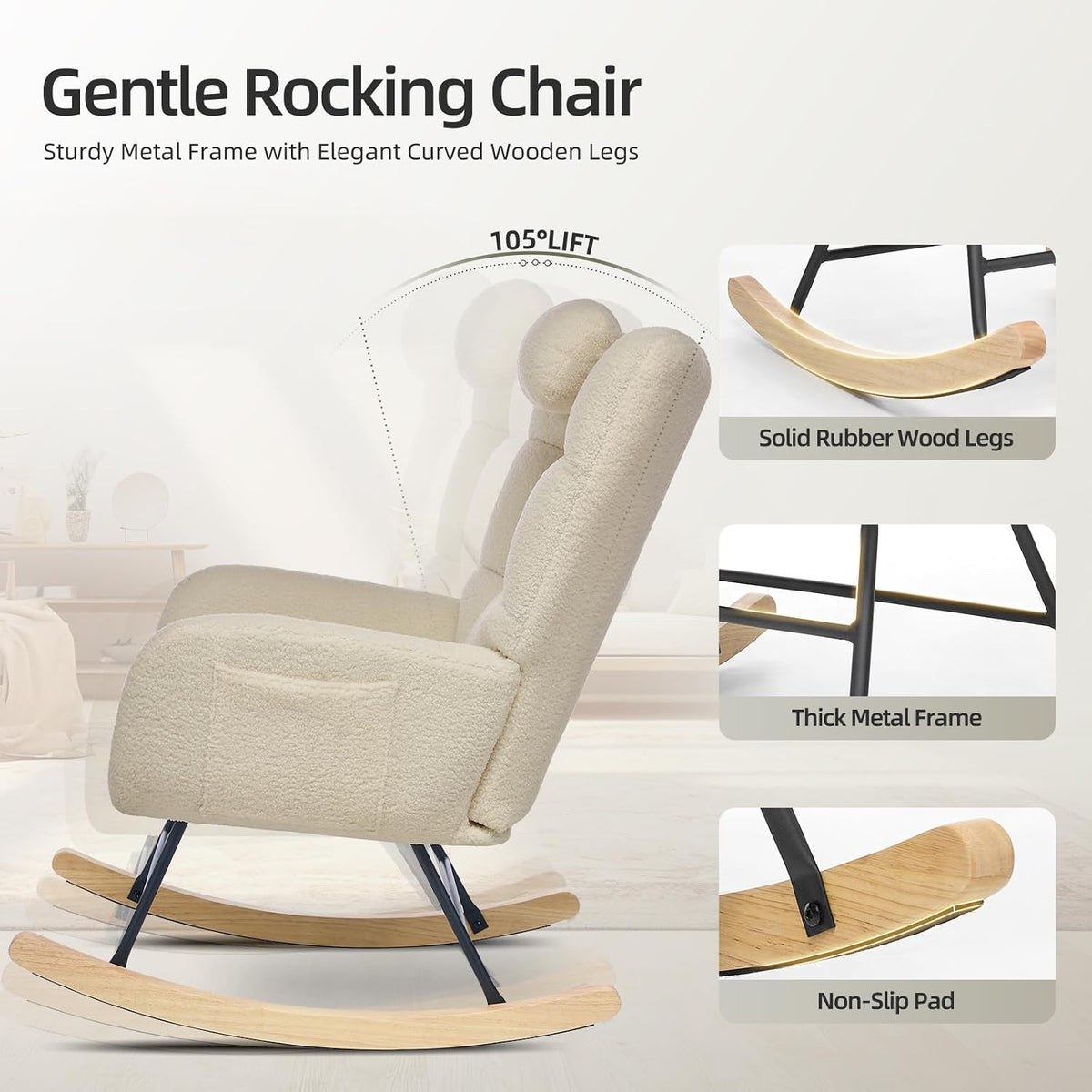 Nursery Rocking Chair with Ottoman, Teddy Upholstered Glider Rocking Chair with High Backrest, Armchair Reading Chair for Adults, Nursery, Bedroom, Living Room, Office, Beige with Ottoman