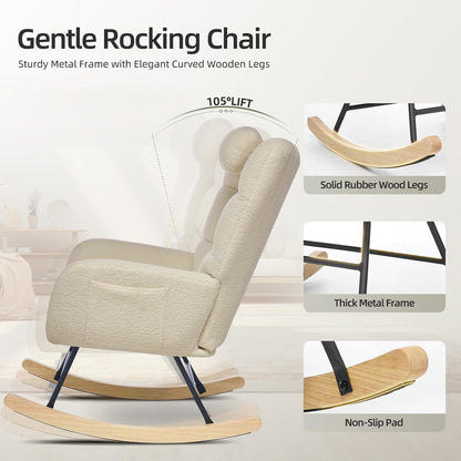 Nursery Rocking Chair with Ottoman, Teddy Upholstered Glider Rocking Chair with High Backrest, Armchair Reading Chair for Adults, Nursery, Bedroom, Living Room, Office, Beige with Ottoman