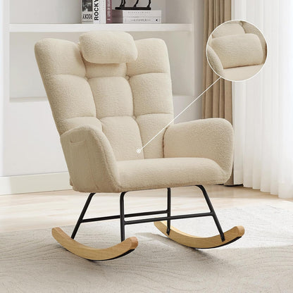 Nursery Rocking Chair with Ottoman, Teddy Upholstered Glider Rocking Chair with High Backrest, Armchair Reading Chair for Adults, Nursery, Bedroom, Living Room, Office, Beige with Ottoman