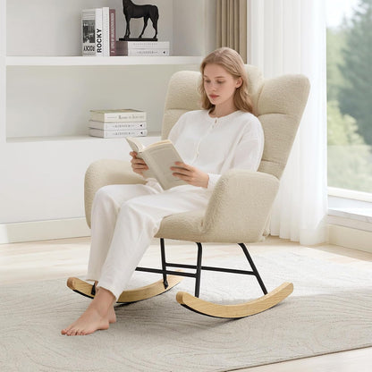 Nursery Rocking Chair with Ottoman, Teddy Upholstered Glider Rocking Chair with High Backrest, Armchair Reading Chair for Adults, Nursery, Bedroom, Living Room, Office, Beige with Ottoman