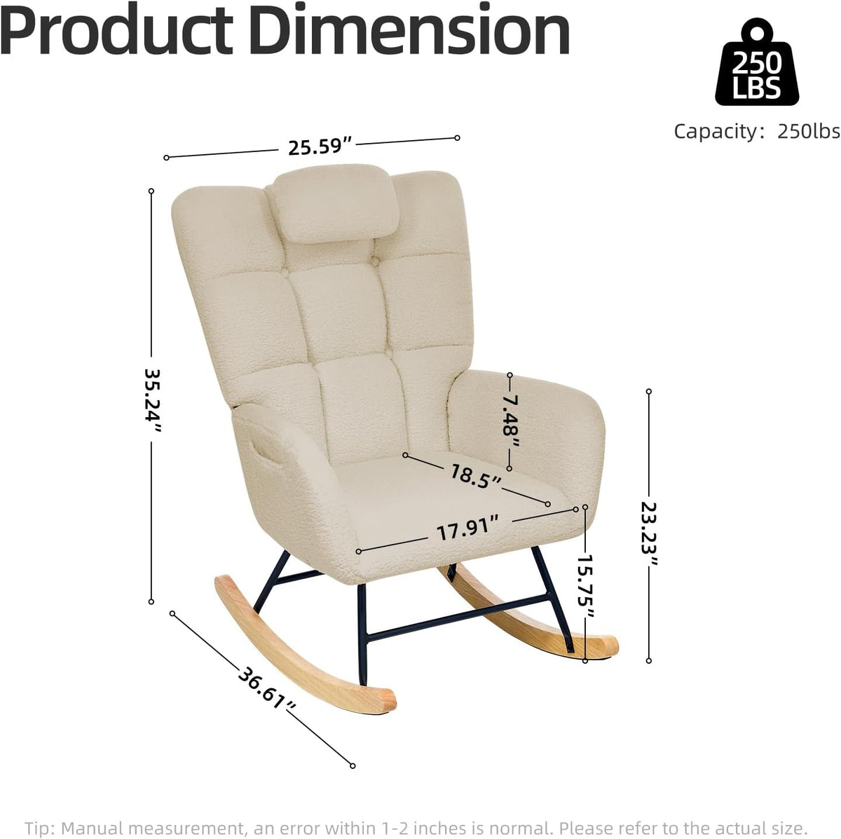 Nursery Rocking Chair with Ottoman, Teddy Upholstered Glider Rocking Chair with High Backrest, Armchair Reading Chair for Adults, Nursery, Bedroom, Living Room, Office, Beige with Ottoman