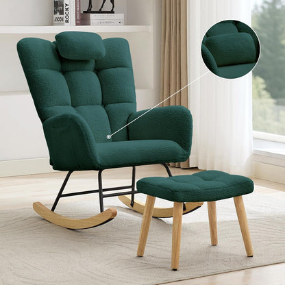 Nursery Rocking Chair with Ottoman, Teddy Upholstered Glider Rocking Chair with High Backrest, Armchair Reading Chair for Adults, Nursery, Bedroom, Living Room, Office, Beige with Ottoman
