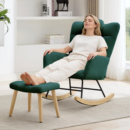 Nursery Rocking Chair with Ottoman, Teddy Upholstered Glider Rocking Chair with High Backrest, Armchair Reading Chair for Adults, Nursery, Bedroom, Living Room, Office, Beige with Ottoman