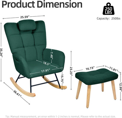 Nursery Rocking Chair with Ottoman, Teddy Upholstered Glider Rocking Chair with High Backrest, Armchair Reading Chair for Adults, Nursery, Bedroom, Living Room, Office, Beige with Ottoman