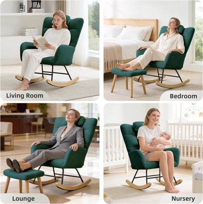 Nursery Rocking Chair with Ottoman, Teddy Upholstered Glider Rocking Chair with High Backrest, Armchair Reading Chair for Adults, Nursery, Bedroom, Living Room, Office, Beige with Ottoman