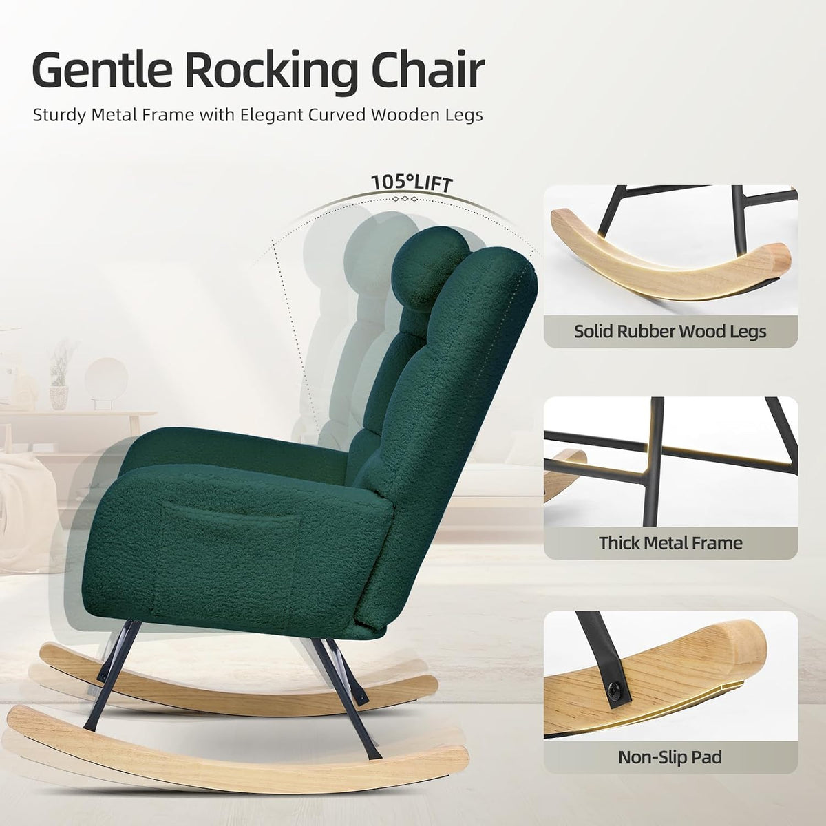 Nursery Rocking Chair with Ottoman, Teddy Upholstered Glider Rocking Chair with High Backrest, Armchair Reading Chair for Adults, Nursery, Bedroom, Living Room, Office, Beige with Ottoman