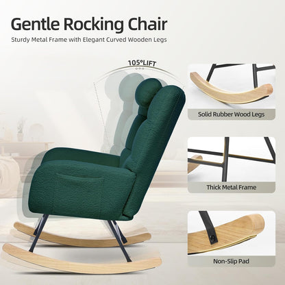 Nursery Rocking Chair with Ottoman, Teddy Upholstered Glider Rocking Chair with High Backrest, Armchair Reading Chair for Adults, Nursery, Bedroom, Living Room, Office, Beige with Ottoman