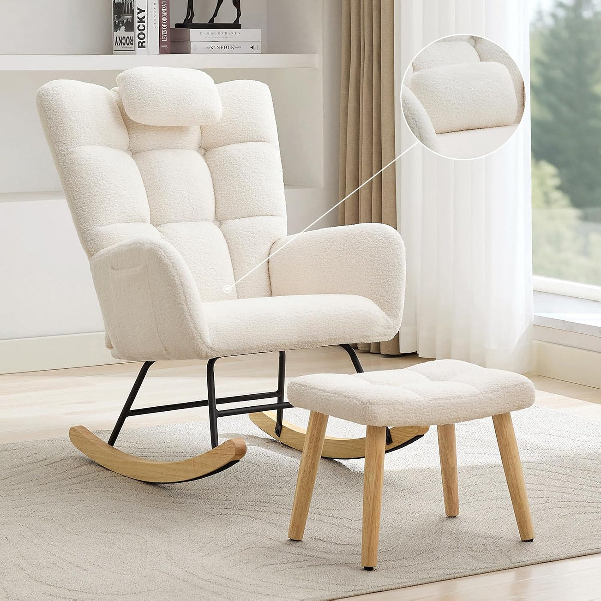 Nursery Rocking Chair with Ottoman, Teddy Upholstered Glider Rocking Chair with High Backrest, Armchair Reading Chair for Adults, Nursery, Bedroom, Living Room, Office, Beige with Ottoman