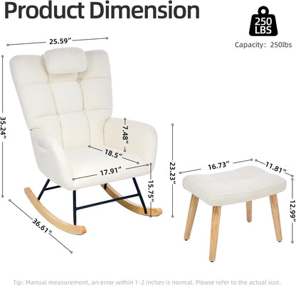 Nursery Rocking Chair with Ottoman, Teddy Upholstered Glider Rocking Chair with High Backrest, Armchair Reading Chair for Adults, Nursery, Bedroom, Living Room, Office, Beige with Ottoman