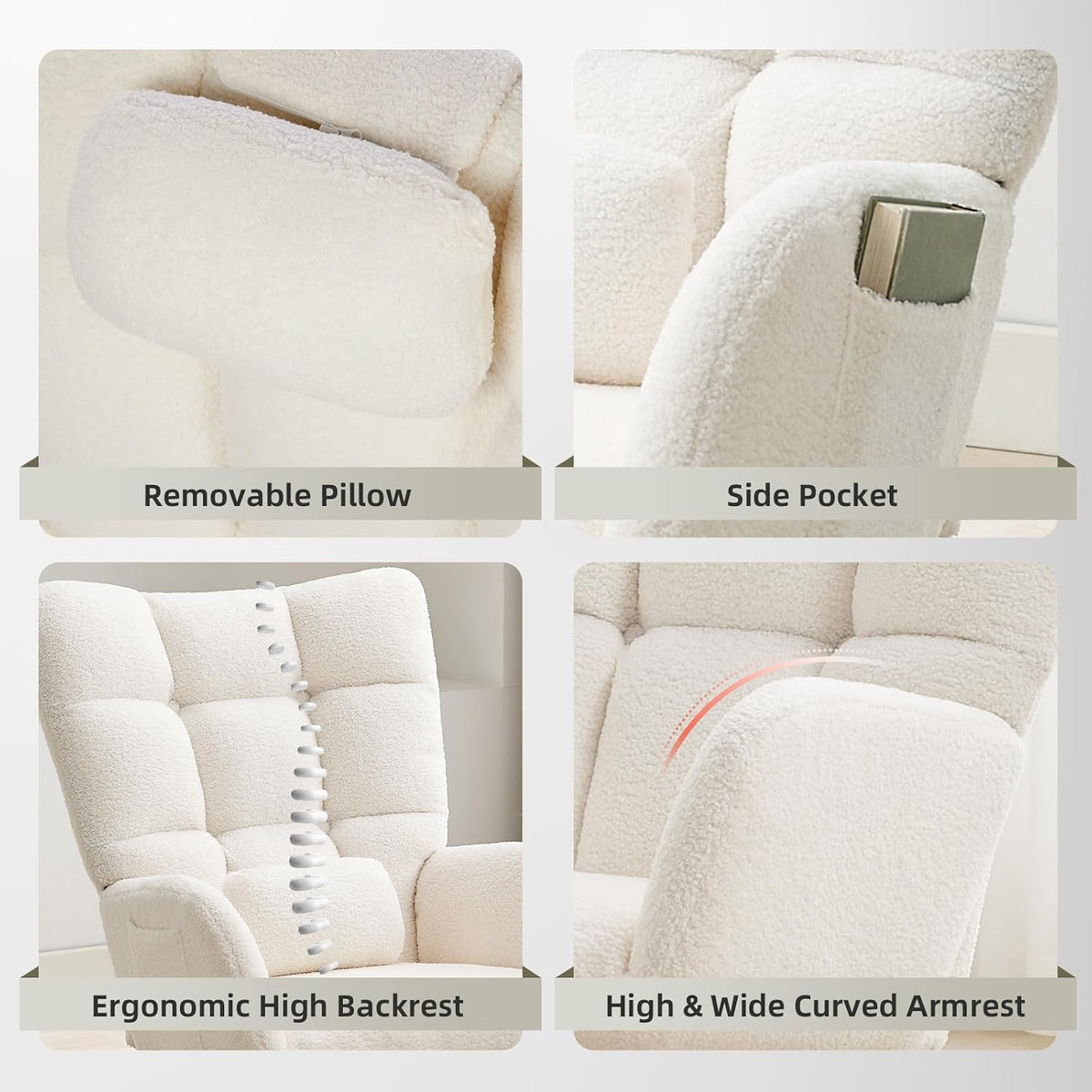 Nursery Rocking Chair with Ottoman, Teddy Upholstered Glider Rocking Chair with High Backrest, Armchair Reading Chair for Adults, Nursery, Bedroom, Living Room, Office, Beige with Ottoman