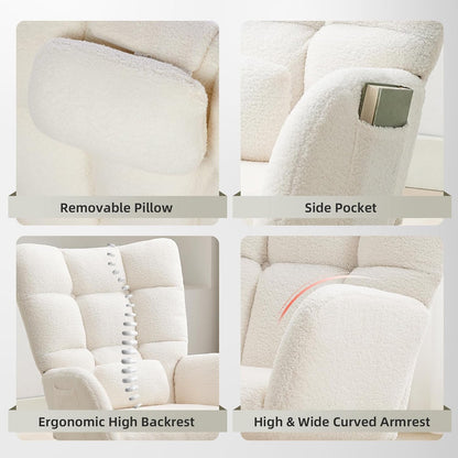 Nursery Rocking Chair with Ottoman, Teddy Upholstered Glider Rocking Chair with High Backrest, Armchair Reading Chair for Adults, Nursery, Bedroom, Living Room, Office, Beige with Ottoman