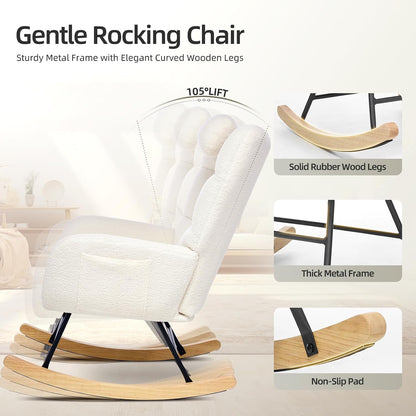Nursery Rocking Chair with Ottoman, Teddy Upholstered Glider Rocking Chair with High Backrest, Armchair Reading Chair for Adults, Nursery, Bedroom, Living Room, Office, Beige with Ottoman
